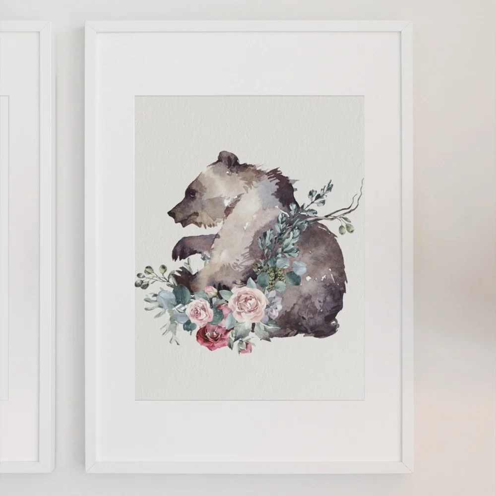 Watercolor Floral Bear Wall Art Print Poster Unframed - Picture 5 of 17